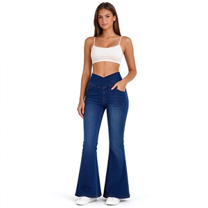 Pantalon de yoga évasé en jean extensible taille haute pour femme, effet ventre plat, coupe <span class=keywords><strong>bootcut</strong></span>, avec poches – En stock - Product Image 1