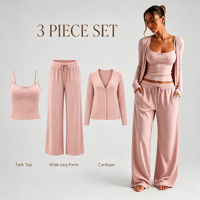 Ensembles de pyjama en coton pour femmes, étiquettes personnalisées, cardigan en tricot côtelé, pantalon, vêtements de détente, pyjamas, fabricant de pyjamas, ensemble 3 pièces pour femmes