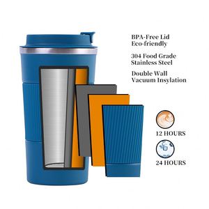 Custom Eco Friendly 380ML Silicone Sleeve <b>Coffee</b> Mugs Insulated Double Walled Stainless Steel Travel Cup Tumbler with Lid - Product Image 5