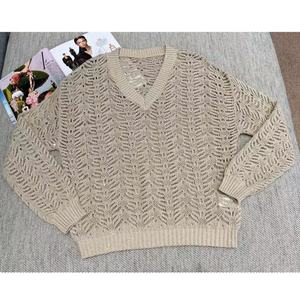 Maglione da <span class=keywords><strong>Donna</strong></span> in <span class=keywords><strong>Lino</strong></span> Leggero con Scollo a V e Paillettes, Top in <span class=keywords><strong>Maglia</strong></span> Traspirante a Rete a Maniche Lunghe per Autunno - Product Image 4