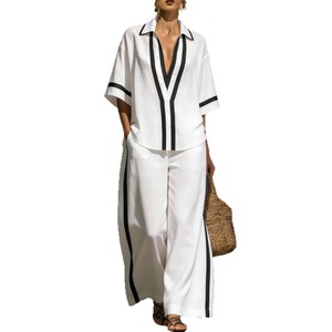Ensemble deux pièces pour femmes, chemise à manches courtes décontractée à blocs de couleur et pantalon large, bleu clair, tailles S M L XL XXL 3XL - Product Image 5