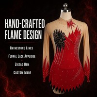 Robe de compétition de patinage artistique rouge et noire en dentelle et strass, manches longues, en Spandex/Nylon pour adultes