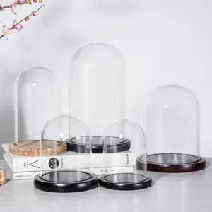 Home Decoratie Glas Bell Jar Cloche Clear Gift Display Glazen Koepel Met Zwart Houten Basis