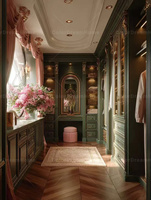 Armoire de luxe sur mesure en bois foncé, style vintage britannique, vert émeraude, avec rangement intégré aux fenêtres