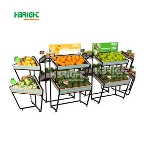 साइन होल्डर के साथ कम MOQ लकड़ी के स्टेनलेस स्टील सुपरमार्केट संयुक्त फल सब्जी प्रदर्शन रैक