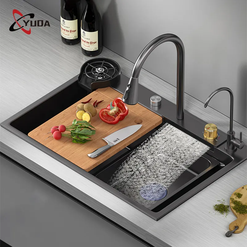 Lavello da cucina moderno a doppia ciotola in acciaio inossidabile nero Nano intelligente multifunzione lavello da cucina