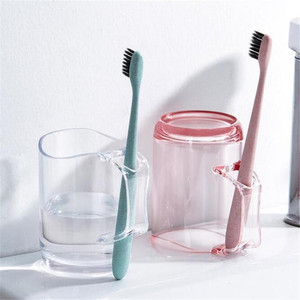 Gobelet à brosse à dents en plastique transparent avec poignée pour salle de bain, tasse portable de forme ronde en PP, couleur rose et marron - Product Image 4