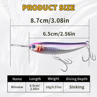 Leurre de pêche flottant Raylor 65 mm 16 grammes avec plaque métallique holographique longue pour eau salée et eau douce