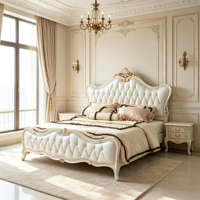 Lit King Size Rococo Français, finition or ivoire antique, bois sculpté, cuir capitonné ivoire, mobilier de chambre pour suite principale de villa