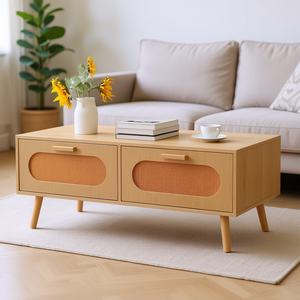 Tavolino da Caffè in Rattan Stile Mid-Century Moderno con 2 Cassetti Portaoggetti, Arredamento per Soggiorno - Product Image 2