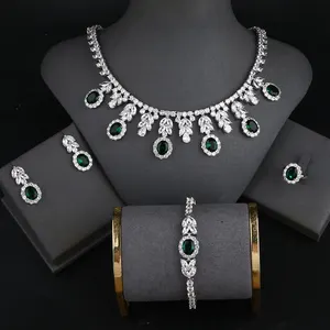 उच्च गुणवत्ता लक्जरी Emeralds जिक्रोन हार कान की बाली आकर्षण तमाशा प्रोम शादी के गहने सेट दुल्हन के गहने सेट