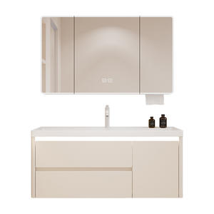 Meuble de salle de bain intelligent style crème française avec miroir intégré et lavabo en céramique étanche - Product Image 6