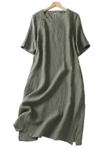 Femmes été coupe ample col rond lin coton <span class=keywords><strong>robe</strong></span> décontracté <span class=keywords><strong>grande</strong></span> <span class=keywords><strong>taille</strong></span> couleur unie <span class=keywords><strong>moderne</strong></span> Style chinois <span class=keywords><strong>robe</strong></span> - Product Image 2