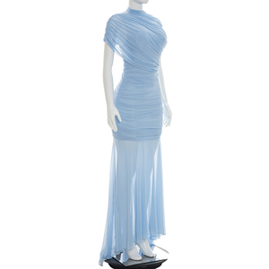 Robe longue plissée Viviblook D26DS113 pour femme, nouvelle collection, couleur unie, maille transparente, manches courtes, idéale pour les fêtes et anniversaires - Product Image 3