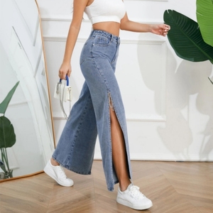 Summer New Women's High Waist Wide Leg Denim Pants Cotton Breathable Sexy Long Split Hem Straight Leg Fashion Jeans Pants - Product Image 3