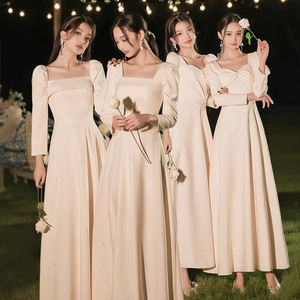 Bridesmaid Dresses Elegant Long Sleeve Satin Sheath Sweetheart Neckline Champagne Color For Best Friends And Bridesmaids - Product Image 2