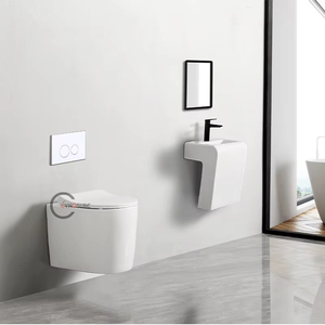 Vente en gros Nouvelle conception de cuvette de toilette sans rebord de couleur blanc et bleu en céramique brillante WC suspendu Toilettes avec siège de toilette pour enfants - Product Image 4