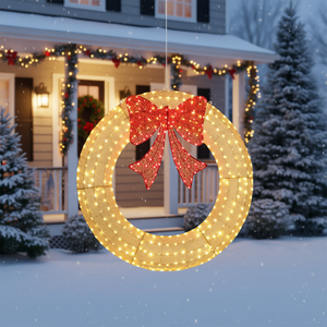 Guirnalda Navideña Preiluminada con LED para Exteriores, 48 Pulgadas, Luces Blancas Cálidas, Lazo Dorado y Rojo, Decoración Metálica para Hogar, Jardín y Festividades - Product Image 2