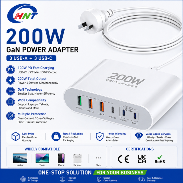 Factory Sale 200W GaN Power Adapter 6 Port USB C PD Wall Charger 3 USB C 3 USB a 100W PD Fast Charging for Laptop Tablet Phone
