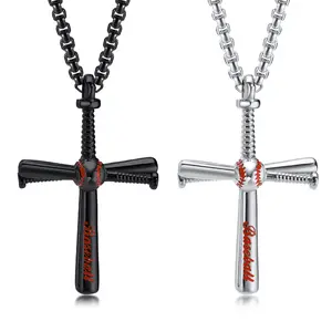 Sport men jewelry stainless steel baseball bat cross pendant necklace