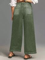 Jeans pour femmes, taille haute, vert olive, cargo, jambes larges, denim vintage lavé, multi-poches