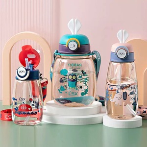 Promotion Outdoor Plastic Drinkware for Students Cute Rabbit Cartoon Design for School Sports Tea Juice Water Bottle Straw Strap