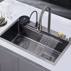 Deep Basin Single Bowl Handmade Stainless Steel Black Waterfall Kitchen Sink