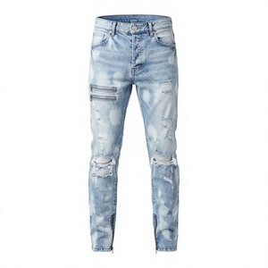 Jean en denim coupe droite pour homme, déchiré, style streetwear, taille haute, avec fermeture éclair asymétrique, en denim épais - Product Image 1