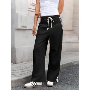 Pantalon palazzo ample à rayures pour femme, taille haute, avec cordon de serrage et poches - Product Image 2