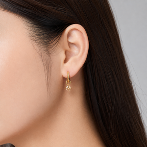 Zircon Drop Hoop <b>Earrings</b> Stainless Steel 14K Gold Vacuum Plated <b>Hinged</b> Hoops with Round Champagne Color Stone Detail - Product Image 5