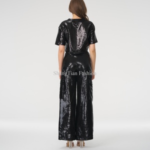 Camisetas de lentejuelas completas OEM de moda, cuello redondo, estilo oversize, top corto de lentejuelas completas para niñas - Product Image 4