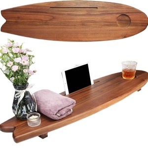 Estante de madera maciza para bañera, forma de tabla de surf, 60x70cm, estante de baño multifuncional montado en la pared para teléfono, tableta y bebidas - Product Image 1