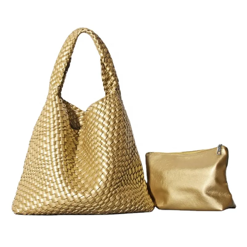 Golden Hobos For Women Knitting Handbags And Purses Soft Vegan Leather Designer Female Shoulder Bag High-Capacity Tote Bags