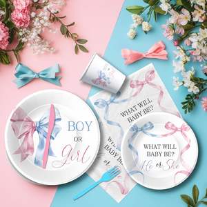 Articles de fête sur le thème du nœud papillon pour révélation du sexe du bébé (garçon ou fille) – Assiettes, gobelets, serviettes et couverts jetables « <span class=keywords><strong>Il</strong></span> ou Elle » - Product Image 3
