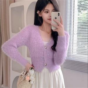 Bestseller Damen Crop-Top Pullover Herbst Langarm Slim Fit Gestrickter Knopf-Cardigan mit Offener Front Flauschige Kurze Oberteile für Damen - Product Image 5