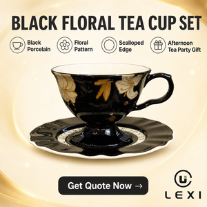 Ensemble élégant de tasses à thé et soucoupes en porcelaine noire, motif floral, tasses à café en céramique festonnées pour la maison, le thé de l'après-midi, ou comme cadeau - Product Image 2