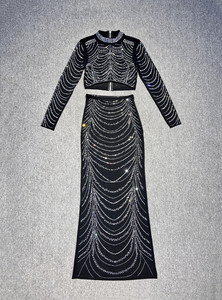 Women's Dress Set Sexy <strong>See</strong> <strong>Though</strong> Mesh Diamonds Beading <strong>Top</strong> + High Waist Long Skirt Suit Nightclub Party Outfits 2 Piece Sets - Product Image 6