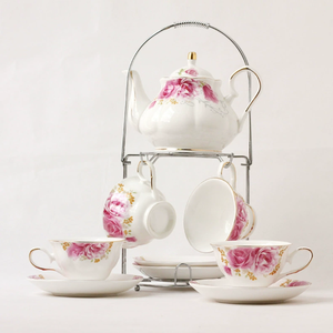 Gran oferta, juego de té de cerámica de lujo, taza y platillo de porcelana, tetera con soporte de hierro, juegos de <span class=keywords><strong>café</strong></span> y té - Product Image 5