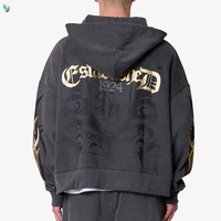 Sweat-shirt oversize vintage baroque pour homme, gris foncé, imprimé ailes dorées, fermeture éclair, capuche