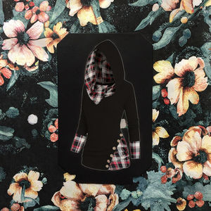 Sweat-shirt à capuche personnalisé pour femme, respirant, tricoté, style vintage Y2K, à carreaux torsadés, manches longues, avec boutons décoratifs, pour l'hiver et l'automne, streetwear - Product Image 3