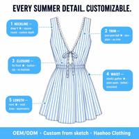Robe mini femme d'été à rayures personnalisées, col en V profond, garniture en dentelle, découpe en goutte d'eau, cordon de serrage, coupe trapèze, vente en gros, fabricant OEM
