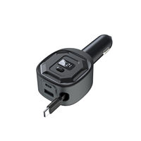 Pengisi Daya Mobil USB PD 65W dengan Kabel Data Tipe-C Retractable Terintegrasi, Layar Tampilan Tegangan Digital, Cocok untuk Mobil 12-24V