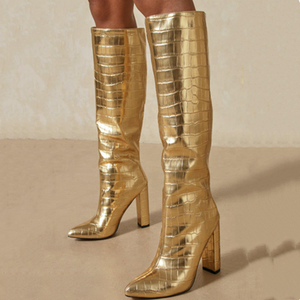 Trendy Gold Silver Shoes <b>Boots</b> High Chunky Heel Knee High <b>Boots</b> for Women Stone Print Slip-on Size 43 - Product Image 2