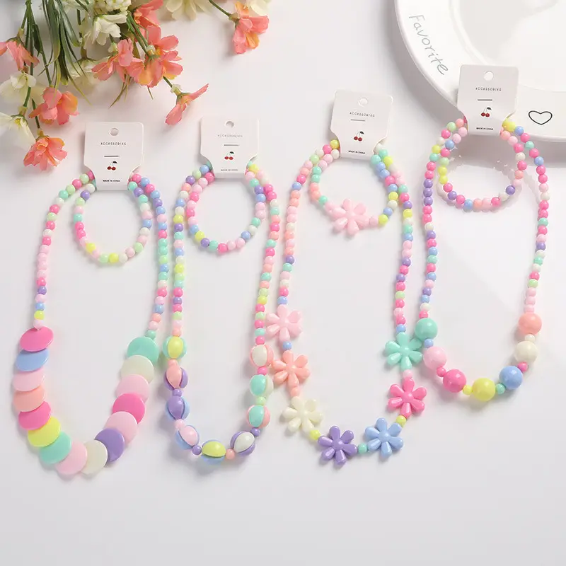 Cute Candy Colored Plastic Daisy Necklace Children Jewelry Set Little Girls Bead Necklace Bracelet Set