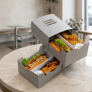 Caja de cartón personalizada con tapa para hot dogs, gofres y hamburguesas, con forma de barco, de papel color marfil, para llevar. - Product Image 1