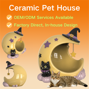 Cama de Cerámica para Mascotas con Diseño de Bruja y Luna para Halloween, para Gatos, Perros, Pájaros y Reptiles - Nido Decorativo Moderno y Lujoso para Animales - Product Image 1