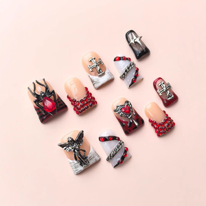 Ongles de luxe faits main, pré-conçus, en forme de bec de canard, motif araignée écarlate, style européen et américain, pour la vente chaude, 20mm, rouge - Product Image 3