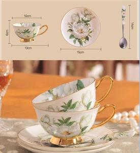Set di tazze e piattini da tè in ceramica con manico dorato in porcellana all'ingrosso con cucchiaio - Product Image 4