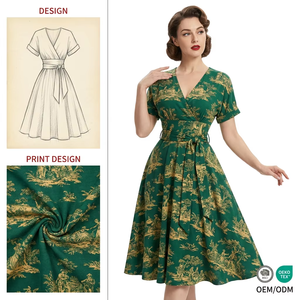 Robes midi à imprimé floral personnalisé en jersey tricoté confortable à taille haute avec nœud latéral, style A-line, <span class=keywords><strong>robe</strong></span> vintage rétro des années 1950 - Product Image 1