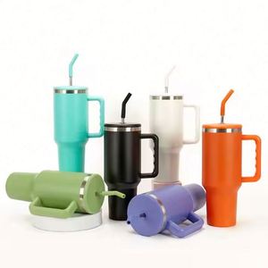 Gobelet isotherme double paroi en acier inoxydable avec poignée et paille, personnalisable avec logo, pour l'extérieur, écologique, pour voiture, vente en gros - Product Image 1